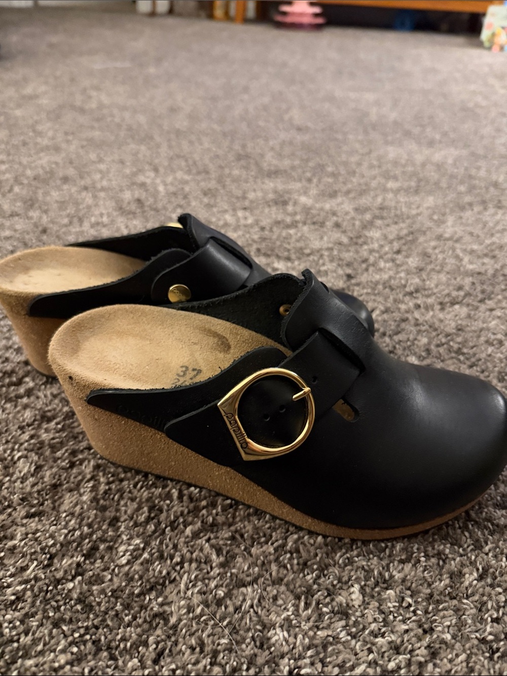 Birkenstock Black Leather Wedge Clogs with Gold Buckle